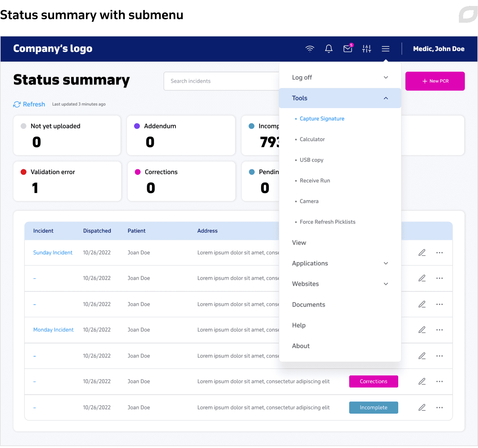 Status summary with submenu