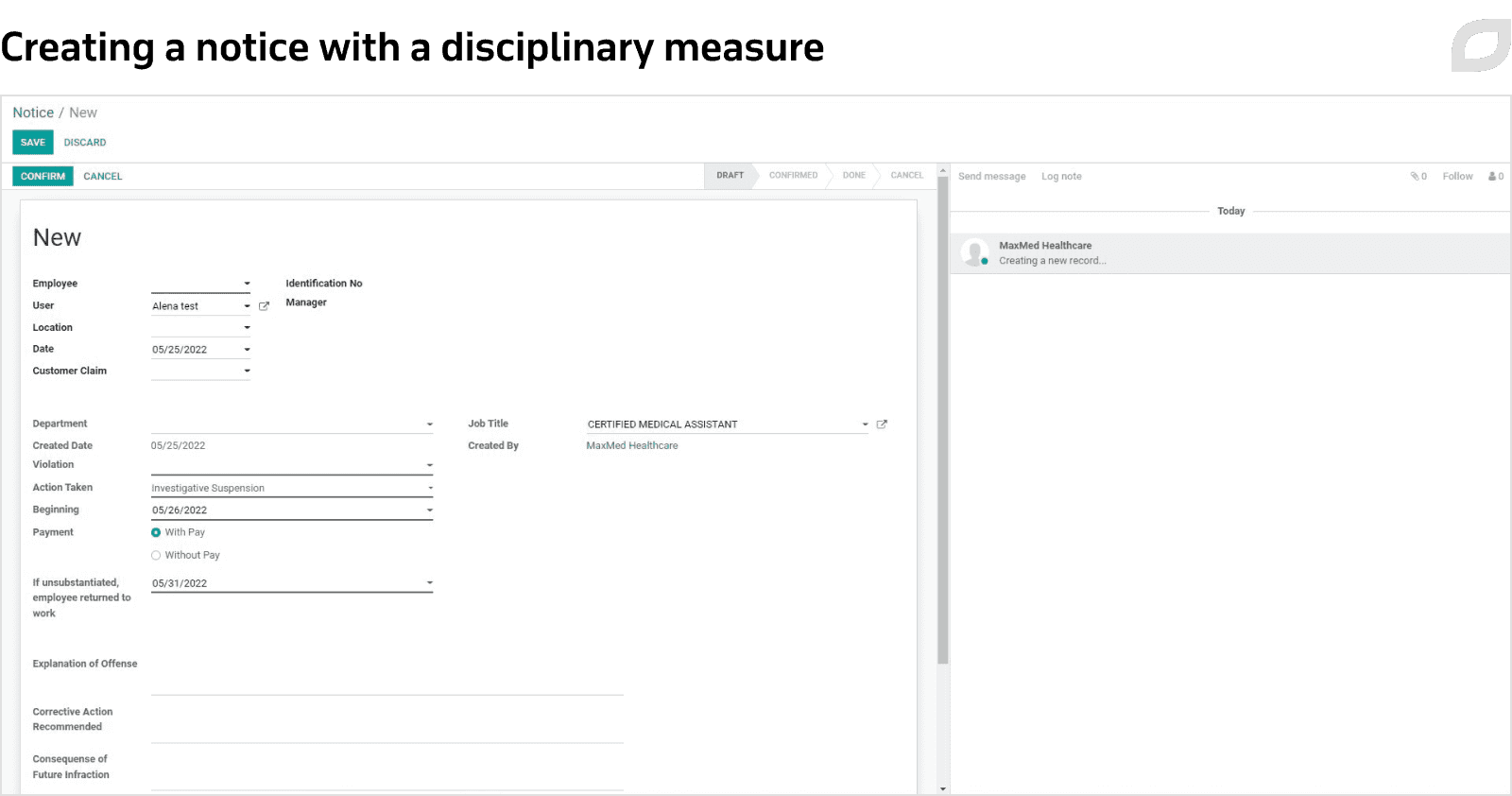 Creating a notice with a disciplinary measure