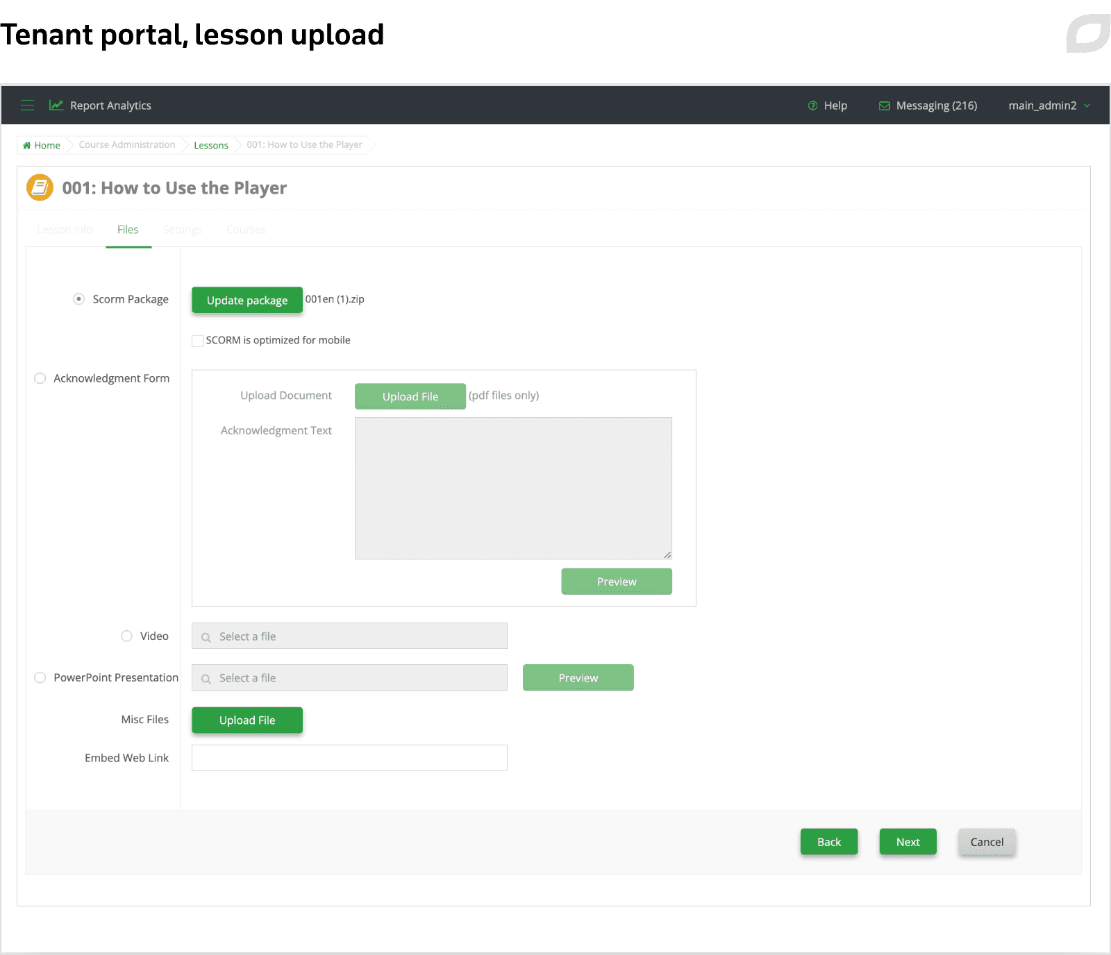 Tenant portal, lesson upload